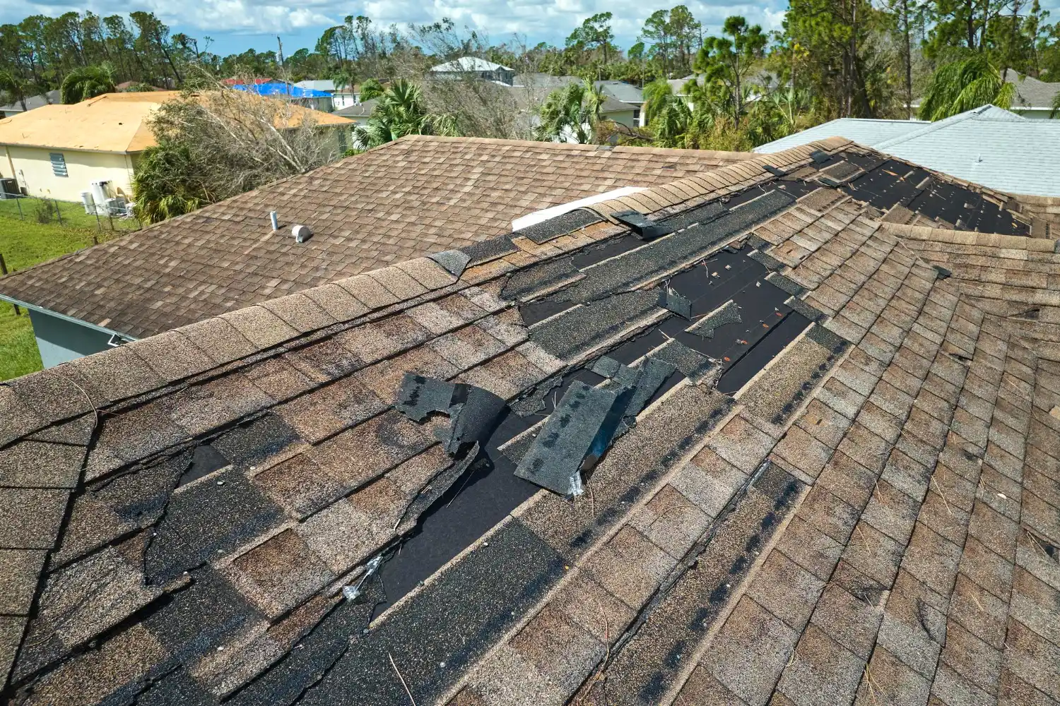 Roofing specialist inspecting damaged shingles and roof structure for issues