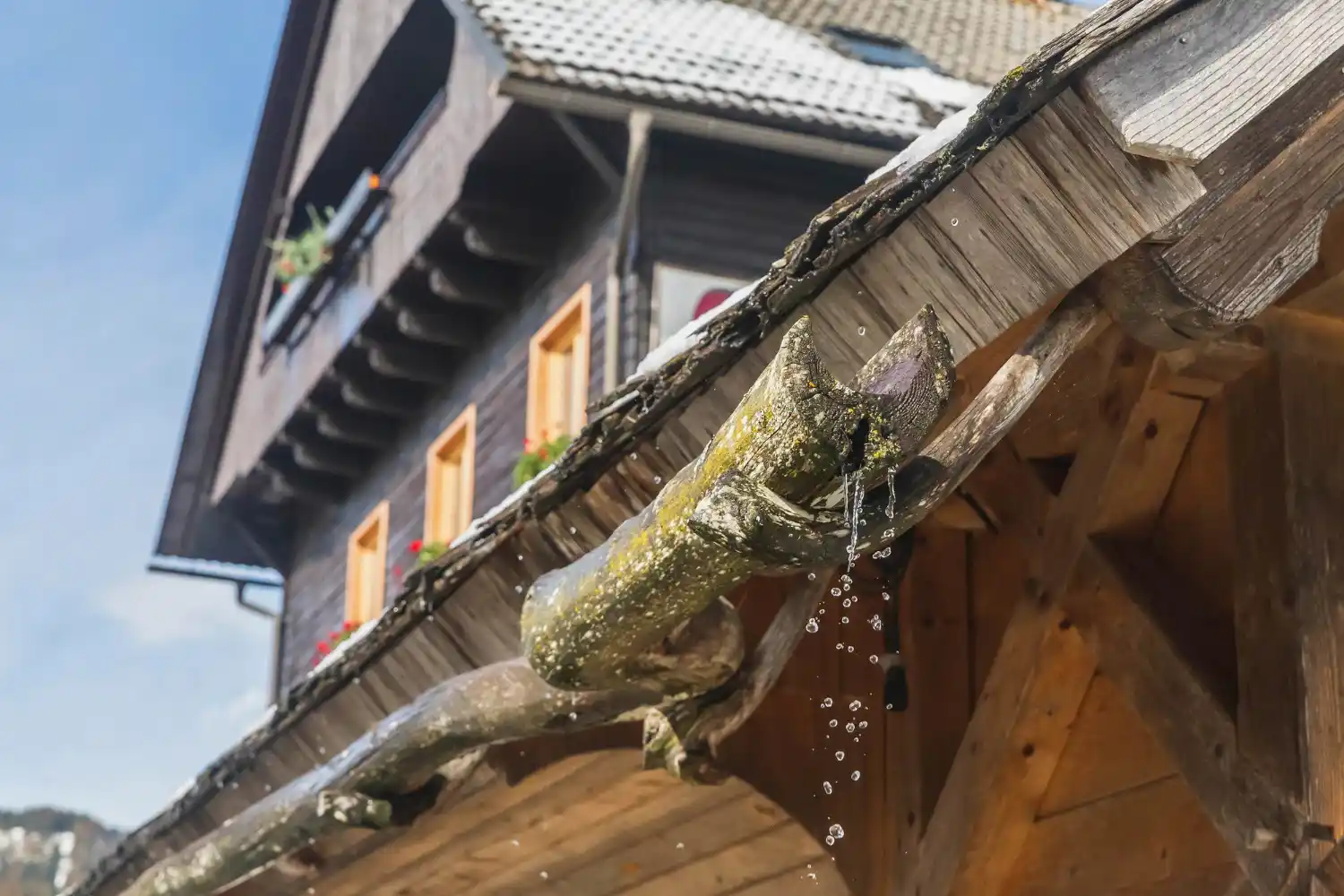 Damaged gutters after heavy rainfall and seasonal storms